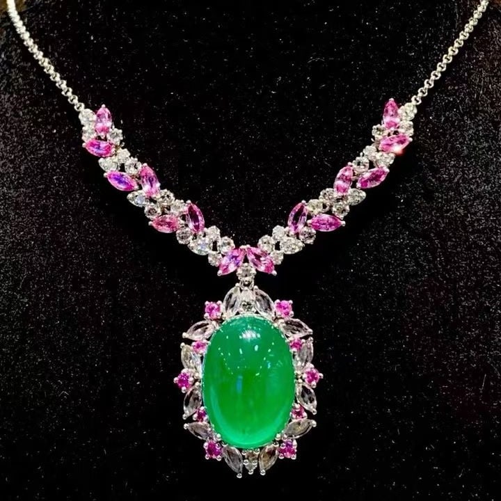 14k Gold 7.39 Ct Natural Emerald & Diamond & Sapphire Necklace: Ref:231143036 // gold content:14k gold // main gemstone:emerald // shape:oval // carat weight:7. 39ct // color:green // treatment:natural // // adjacent gemstone 2 : diamond // shape:round //