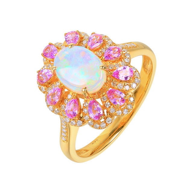 14k Gold 0.94 Ctw Natural Opal & Diamond Ring - 6