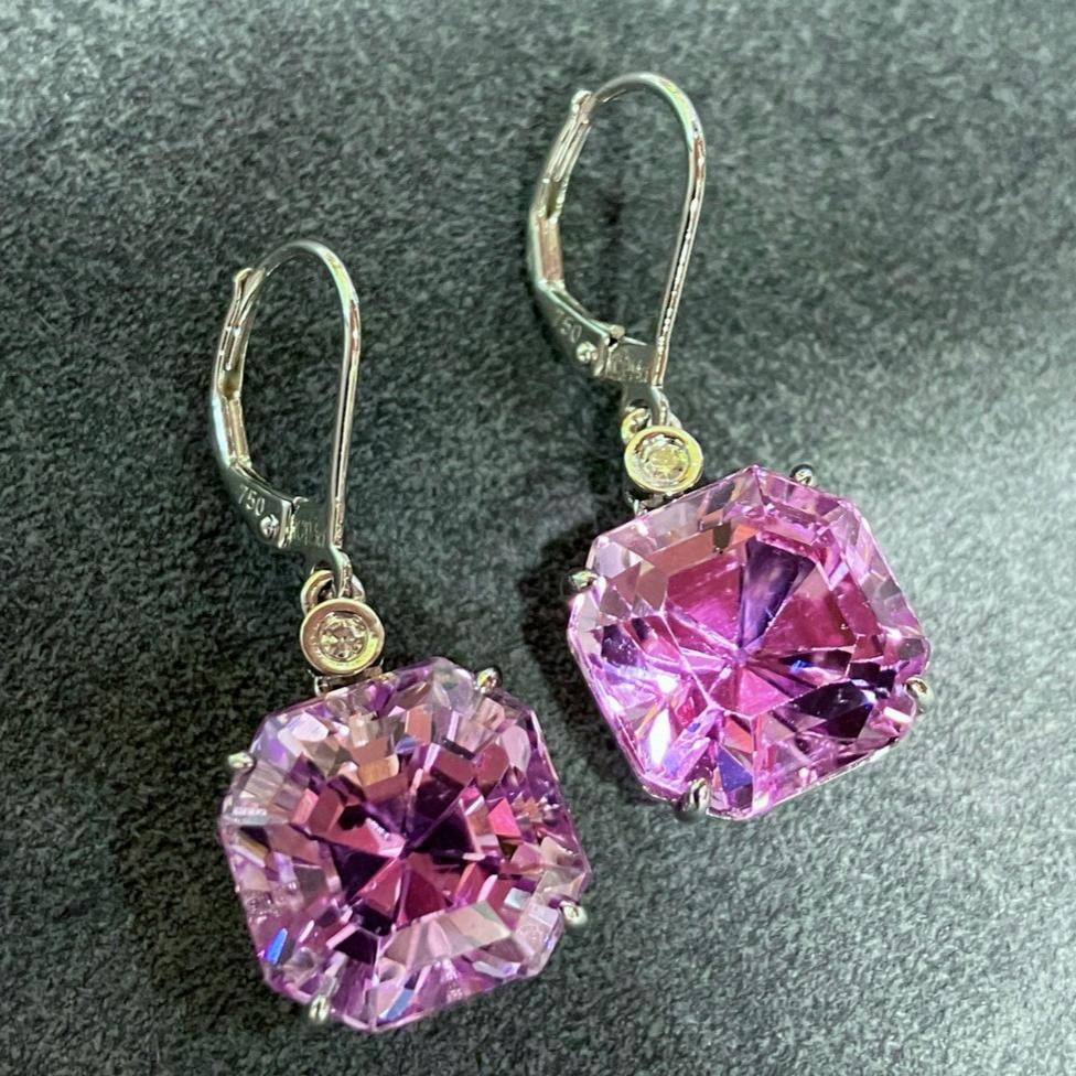 14k Gold 20.5 Ct Natural Kunzite & Diamond Earrings: Ref:231143059 // gold content:14k gold // main gemstone:kunzite // shape:octagonal // carat weight:20. 5ct // color:purple // treatment:natural // // adjacent gemstone 2 : diamond // shape:round // cl