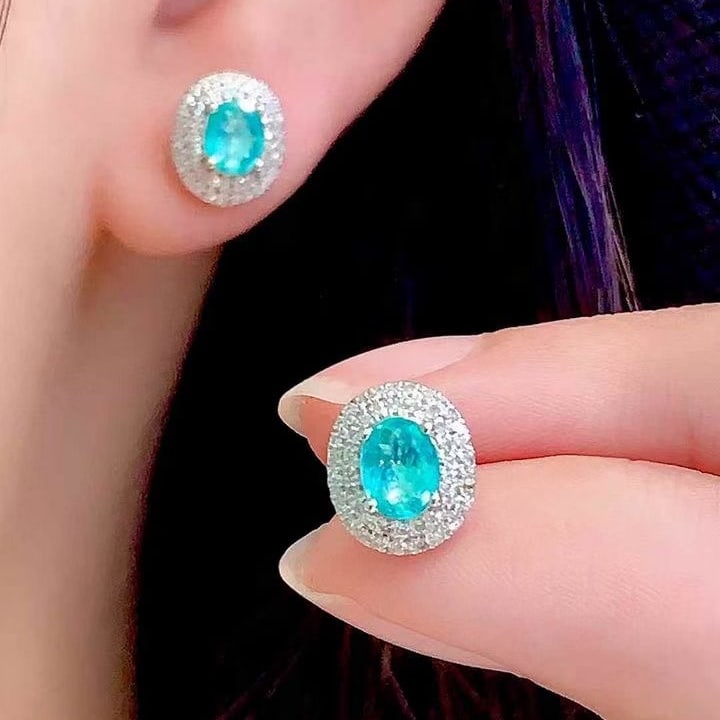 14k Gold 0.8 Ct Natural Paraiba Tourmaline & Diamond Earrings - 4