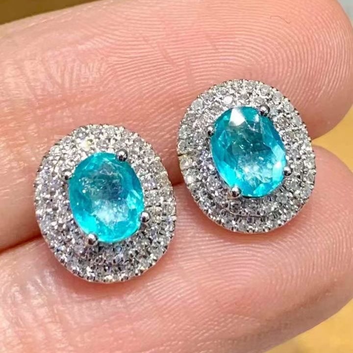 14k Gold 0.8 Ct Natural Paraiba Tourmaline & Diamond Earrings - 7