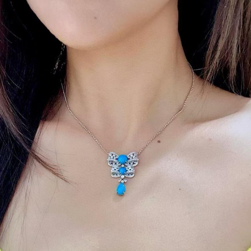 14k Gold 4.19 Ctw Natural Blue Turquoise & Diamond Necklace - 5
