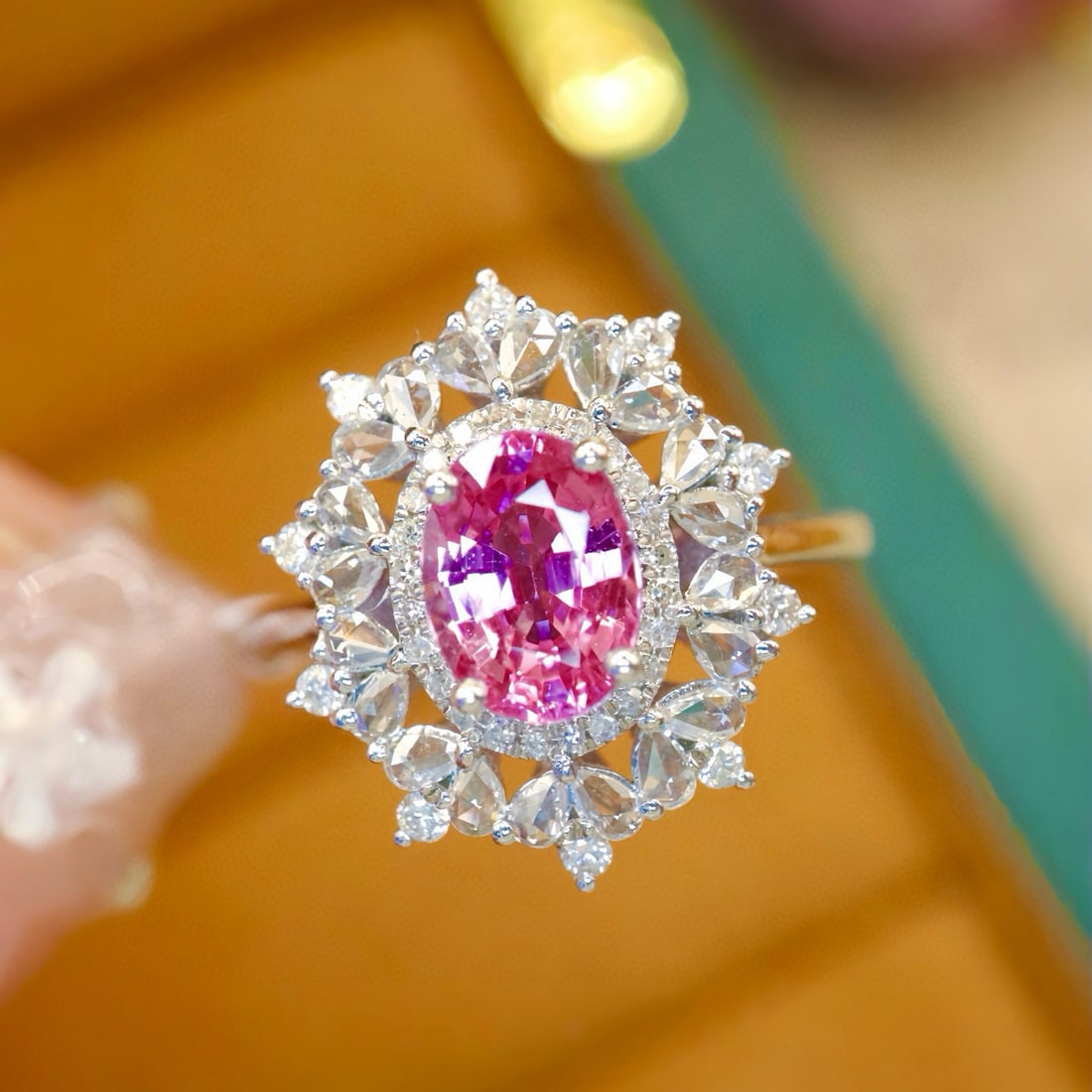 14k Gold 1.75 Ctw Natural Padparadscha Sapphire & Diamond Ring: Ref:231143077 // gold content:14k gold // ring size:7. 25us // // main gemstone:padparadscha sapphire // shape:oval // carat weight:1. 28ct // color:orangish pink // treatment:natural // //