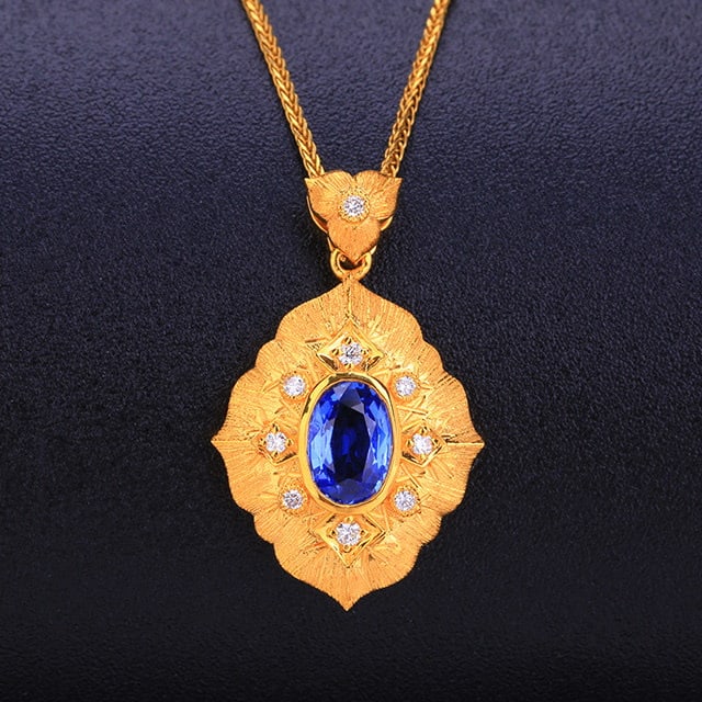 14k Gold 1.25 Ctw Natural Sapphire & Diamond Pendant( Without Chain ): Ref:231143082 // gold content:14k gold // main gemstone:sapphire // shape:oval // carat weight:1. 14ct // color:blue // treatment:natural // // adjacent gemstone 2 : diamond // number of stones:9