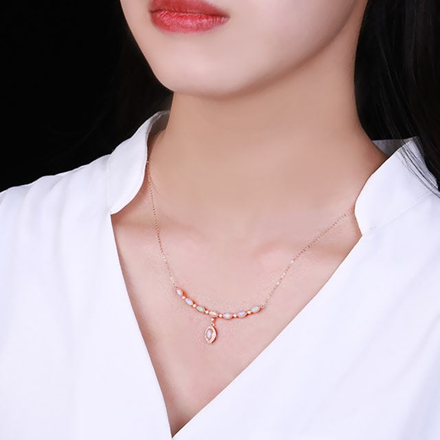 14k Gold 0.79 Ctw Natural Opal & Diamond Necklace - 7