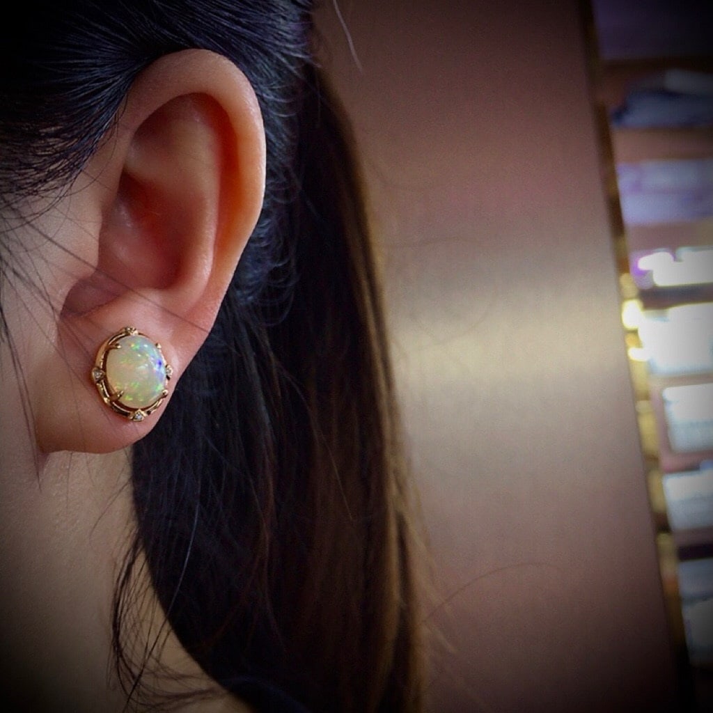 14k Gold 4.00 Ct Natural Opal & Diamond Earrings - 4