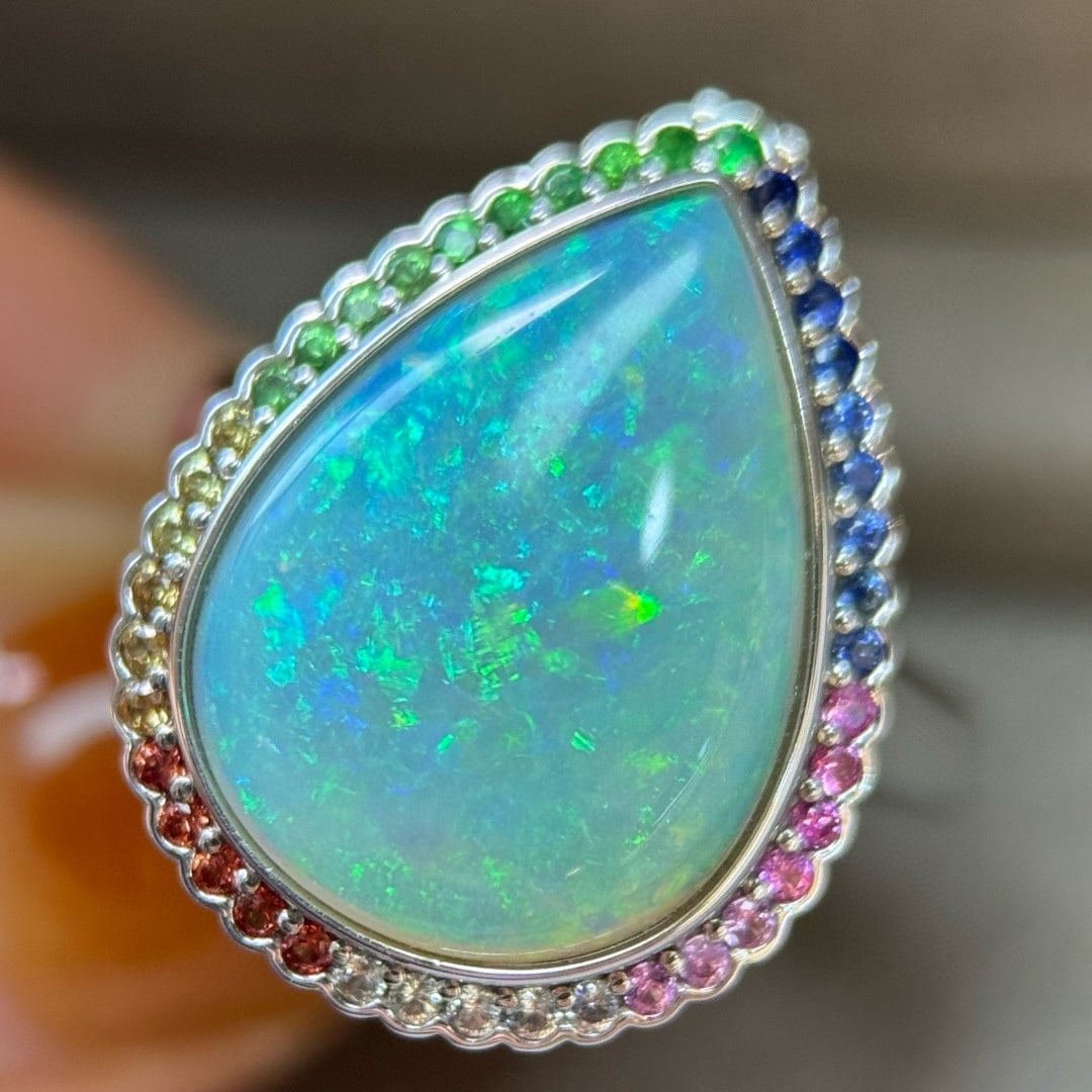 14k Gold 4.65 Ct Natural Opal & Sapphire & Diamond Ring/pendant( Without Chain ) - 4