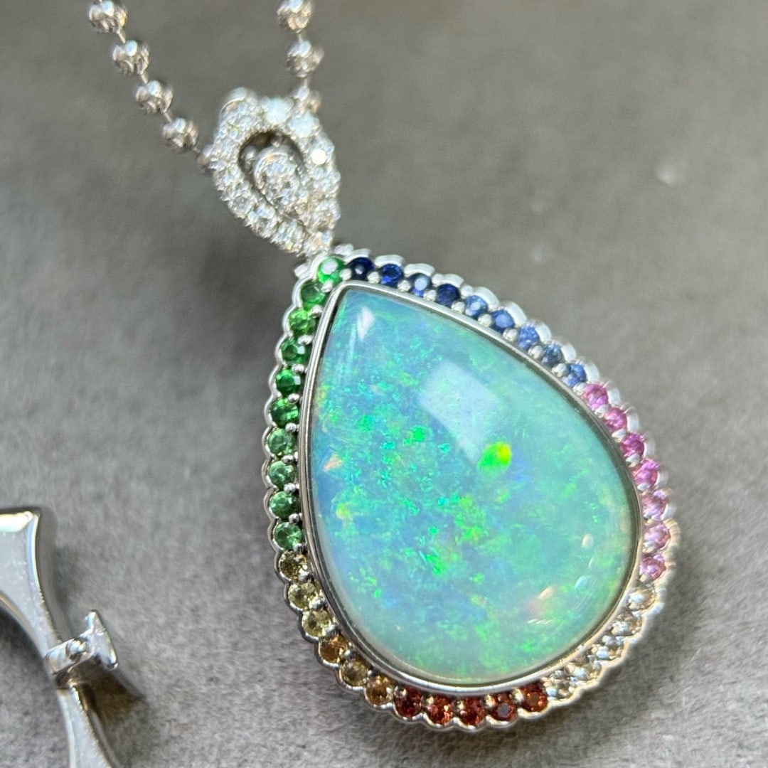 14k Gold 4.65 Ct Natural Opal & Sapphire & Diamond Ring/pendant( Without Chain ) - 6