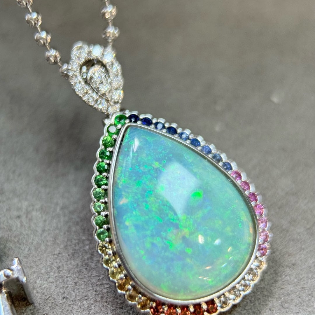 14k Gold 4.65 Ct Natural Opal & Sapphire & Diamond Ring/pendant( Without Chain ) - 7