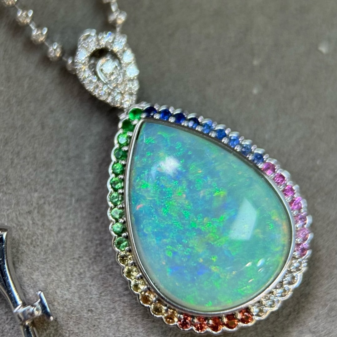 14k Gold 4.65 Ct Natural Opal & Sapphire & Diamond Ring/pendant( Without Chain ) - 8