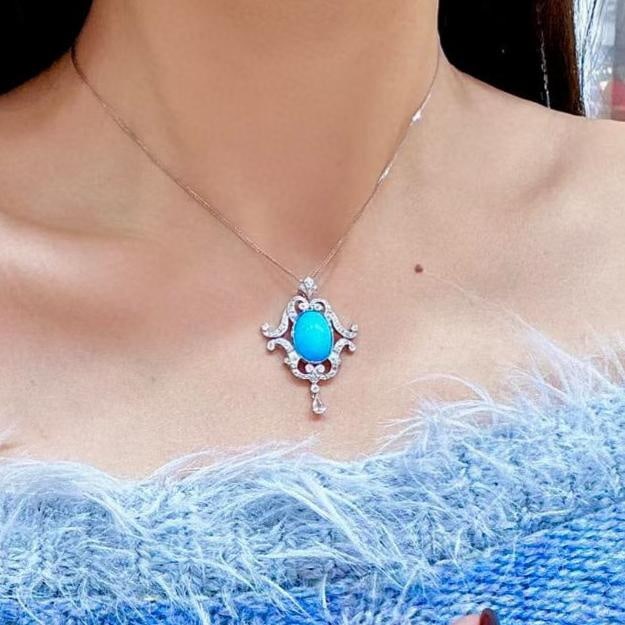 14k Gold 5.63 Ctw Natural Blue Turquoise & Sapphire Pendant( Without Chain ) - 5