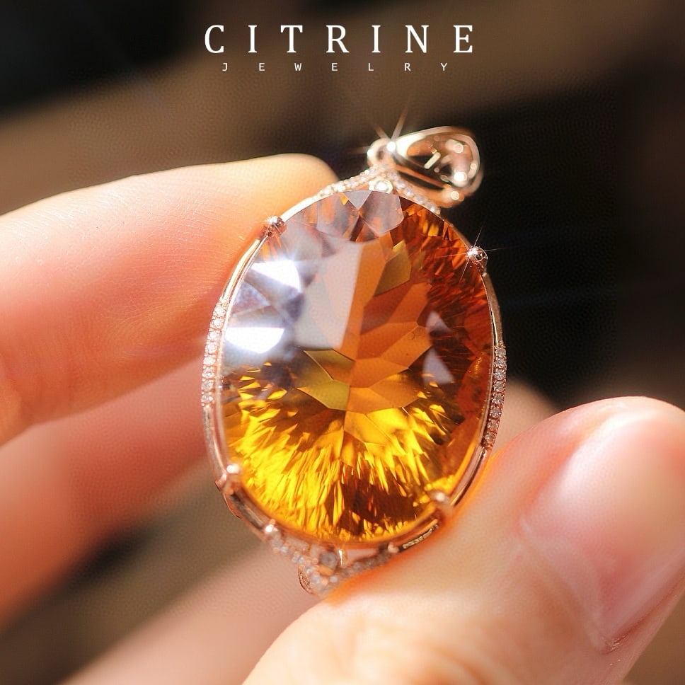14k Gold 39.52 Ctw Natural Citrine & Diamond Pendant( Without Chain ) - 4