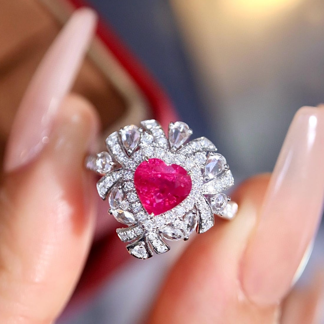 14k Gold 1.26 Ctw Natural Ruby & Diamond Ring: Ref:231143131 // gold content:14k gold // ring size:7. 25us // // main gemstone:ruby // shape:heart // carat weight:0. 81ct // color:red // treatment:natural // // adjacent gemstone 2 : diamond //