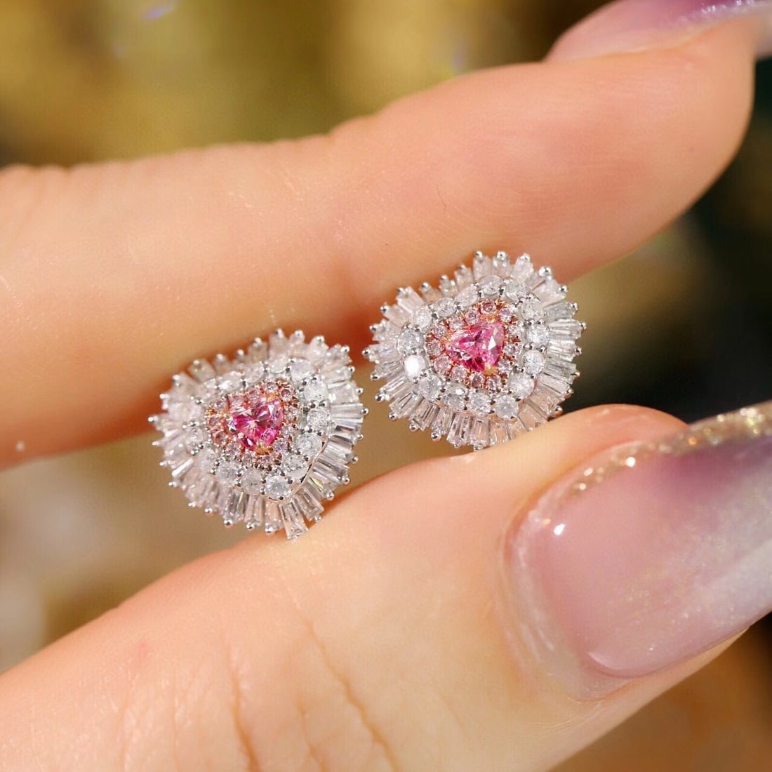 14k Gold 0.90 Ctw Natural Pink Diamond & Diamond Earrings - 8