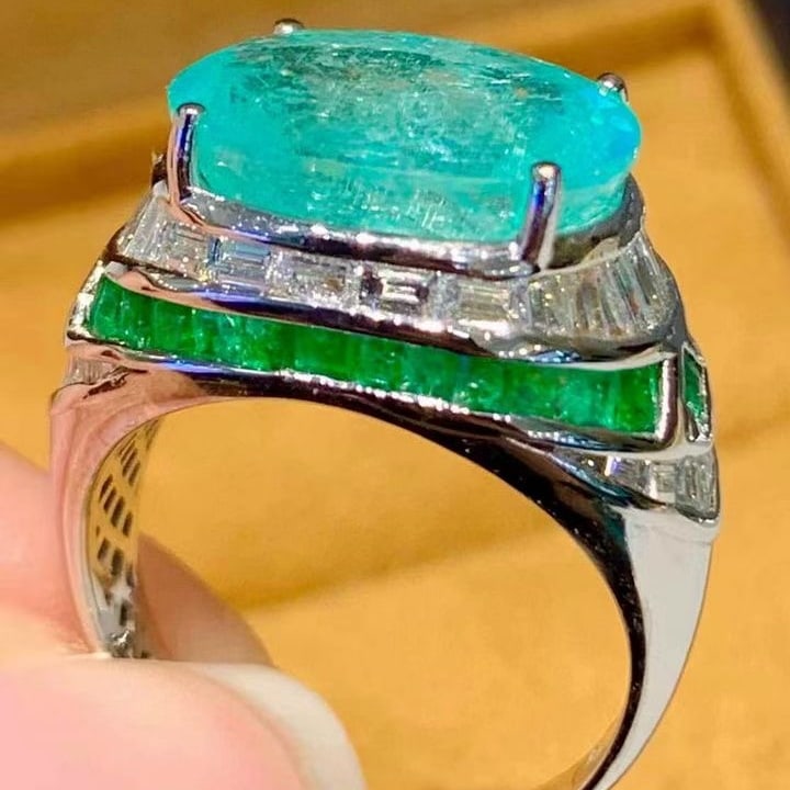 14k Gold 6.88 Ct Natural Paraiba Tourmaline & Diamond & Emerald Ring - 4