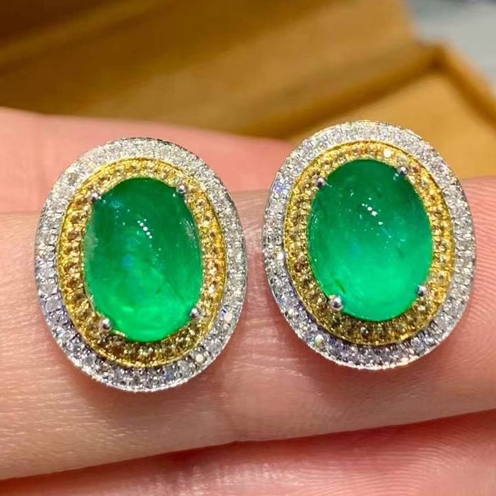 14k Gold 4.2 Ct Natural Emerald & Diamond Earrings - 2