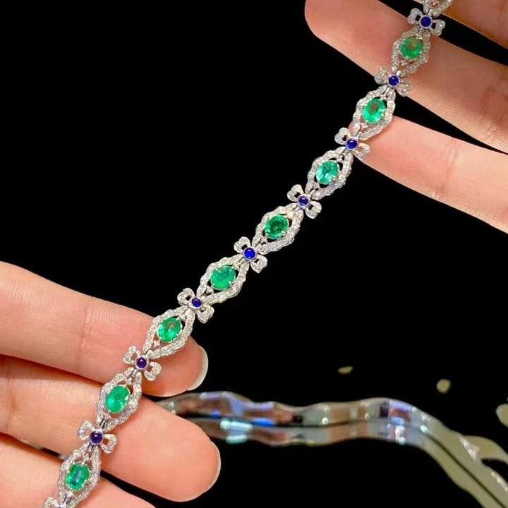14k Gold 3 Ct Natural Emerald & Diamond & Sapphire Bracelet - 4