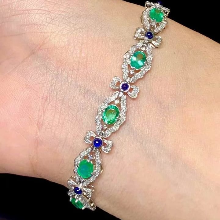 14k Gold 3 Ct Natural Emerald & Diamond & Sapphire Bracelet - 6