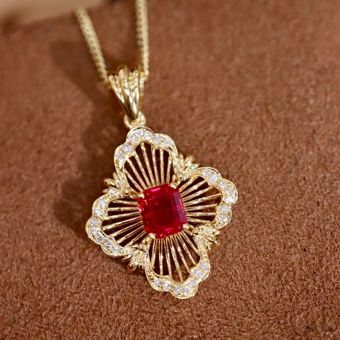 14k Gold 0.56 Ctw Natural Ruby & Diamond Pendant( Without Chain ) - 2