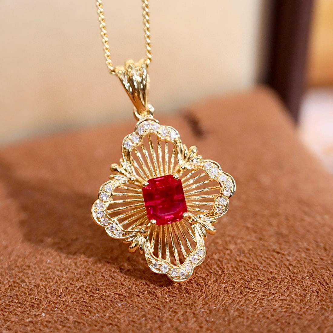 14k Gold 0.56 Ctw Natural Ruby & Diamond Pendant( Without Chain ) - 5