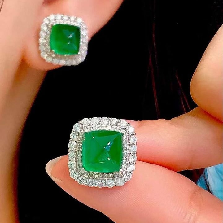14k Gold 6.3 Ct Natural Emerald & Diamond Earrings - 5