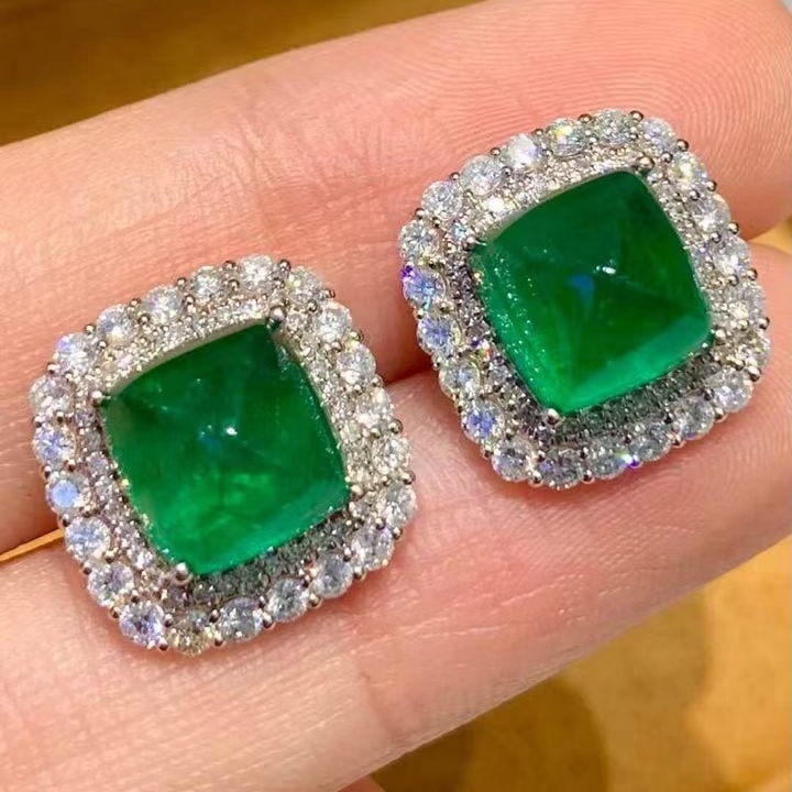 14k Gold 6.3 Ct Natural Emerald & Diamond Earrings - 6