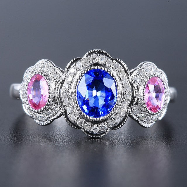 14k Gold 1.41 Ctw Natural Sapphire & Diamond Ring: Ref:231143184 // gold content:14k gold // ring size:7. 25us // // main gemstone:sapphire // shape:oval // carat weight:1. 25ct // color:color // treatment:natural // // adjacent gemstone 2 :