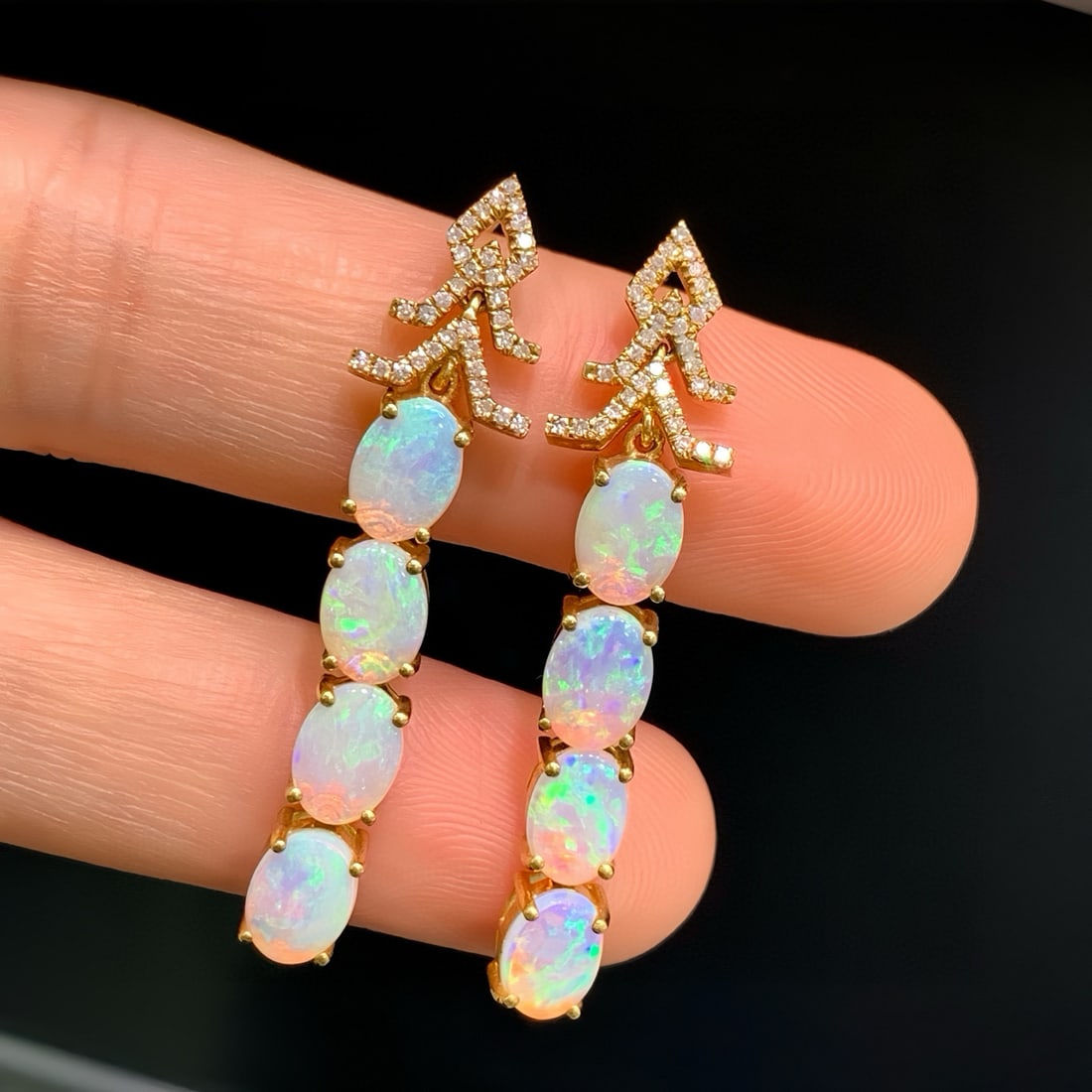 14k Gold 3.23 Ctw Natural Opal & Diamond Earrings - 4