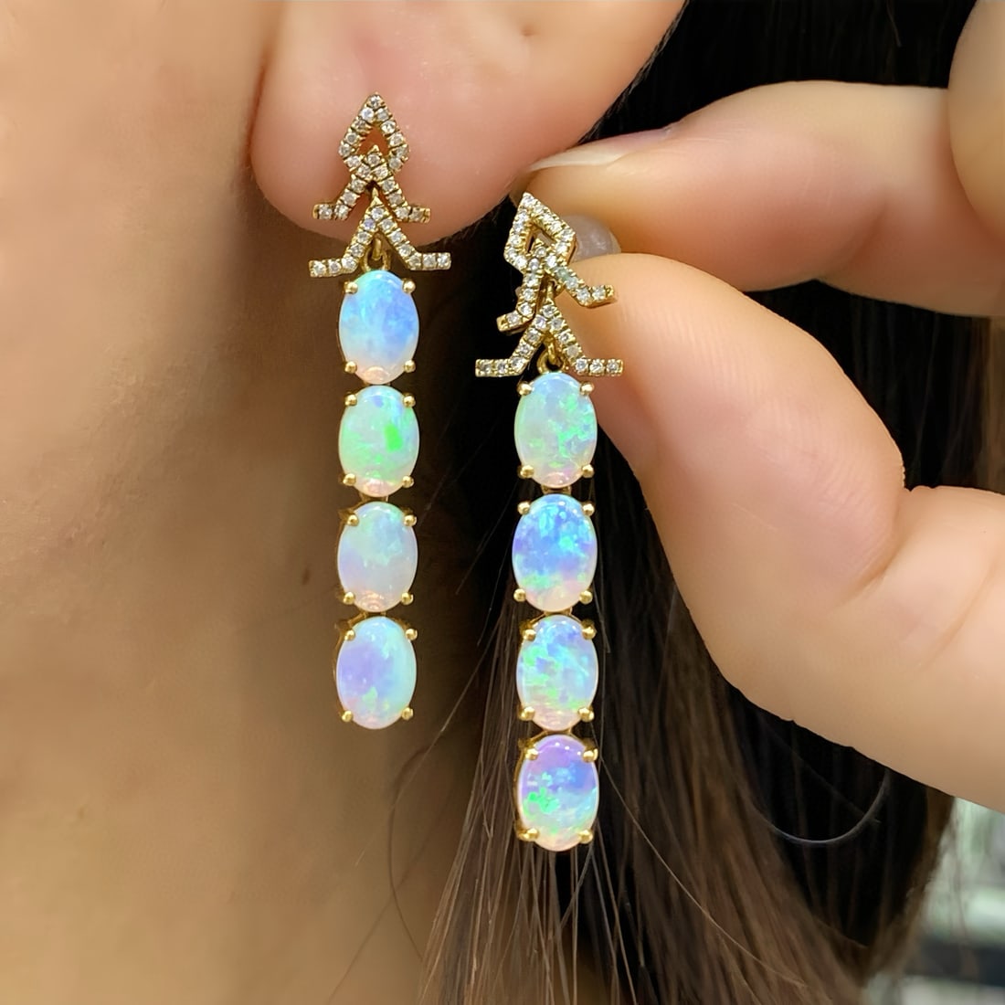 14k Gold 3.23 Ctw Natural Opal & Diamond Earrings - 7