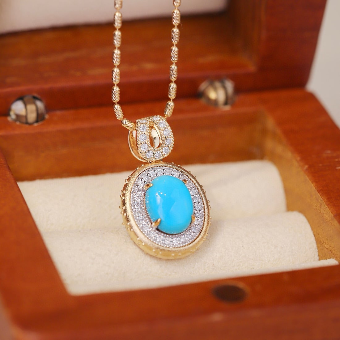 14k Gold 1.49 Ctw Natural Blue Turquoise & Diamond Pendant( Without Chain ) - 2