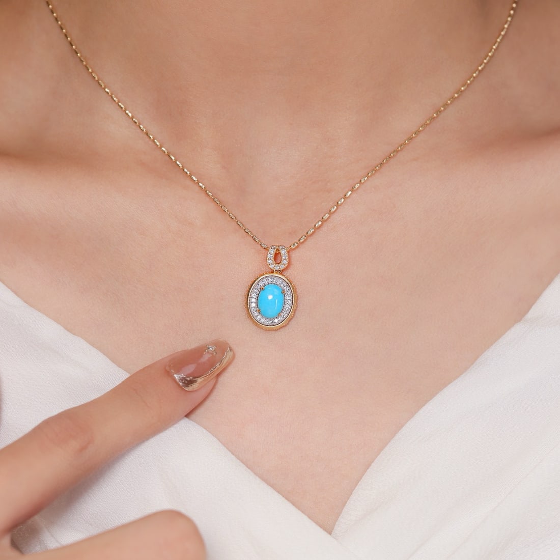 14k Gold 1.49 Ctw Natural Blue Turquoise & Diamond Pendant( Without Chain ) - 3