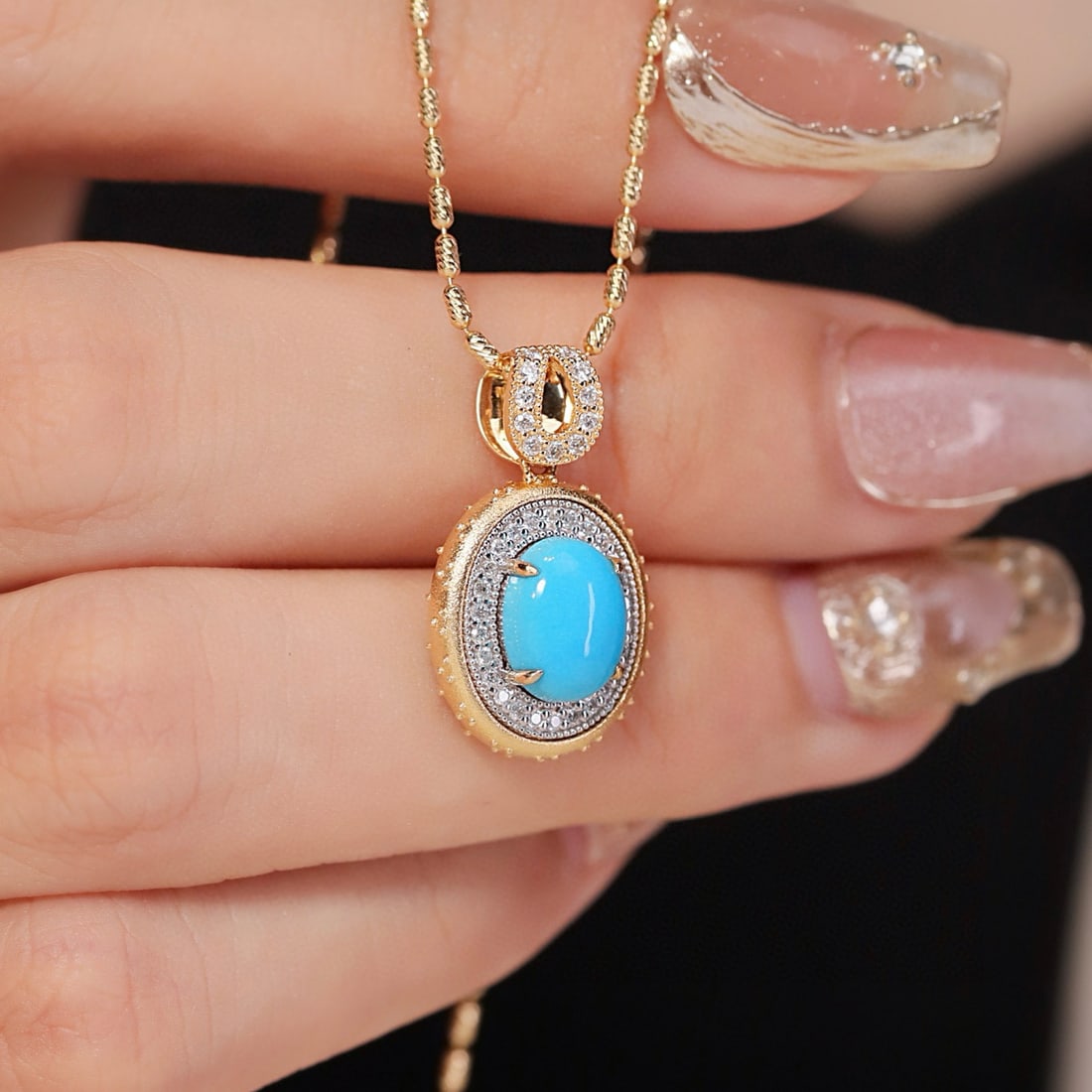 14k Gold 1.49 Ctw Natural Blue Turquoise & Diamond Pendant( Without Chain ) - 4