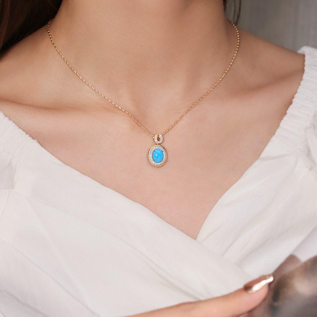 14k Gold 1.49 Ctw Natural Blue Turquoise & Diamond Pendant( Without Chain ) - 5