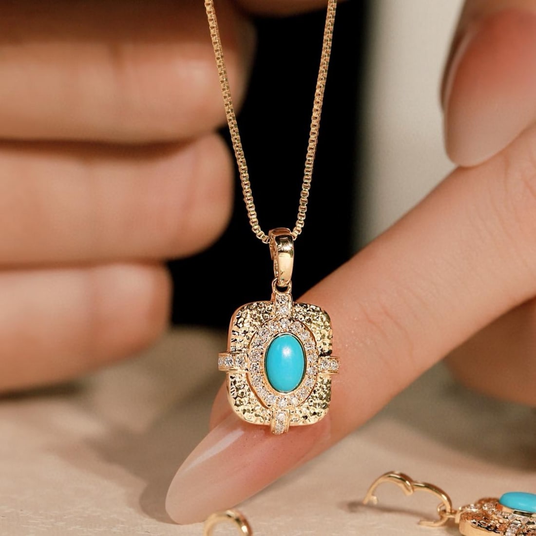 14k Gold 0.58 Ctw Natural Blue Turquoise & Diamond Pendant( Without Chain ) - 5