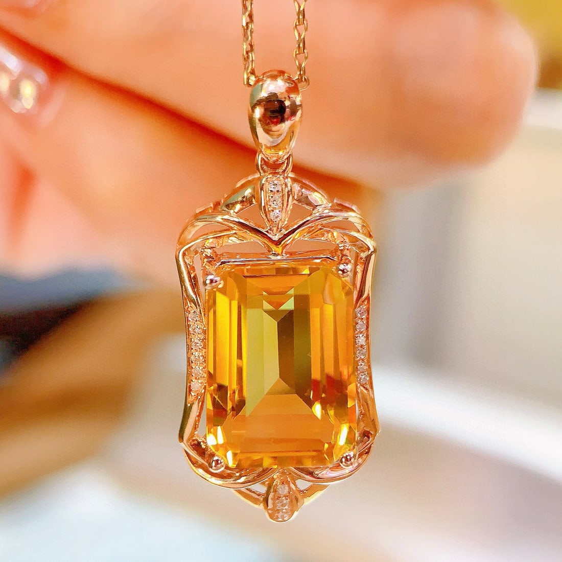 14k Gold 7.30 Ctw Natural Citrine & Diamond Pendant( Without Chain ) - 6
