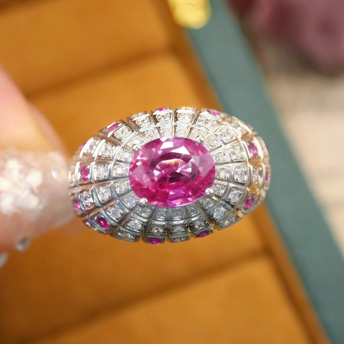 14k Gold 2.63 Ctw Natural Padparadscha Sapphire & Sapphire Ring: Ref:231143225 // gold content:14k gold // ring size:7. 25us // // main gemstone:padparadscha sapphire // shape:oval // carat weight:2. 23ct // color:orangish pink // treatment:natural // //