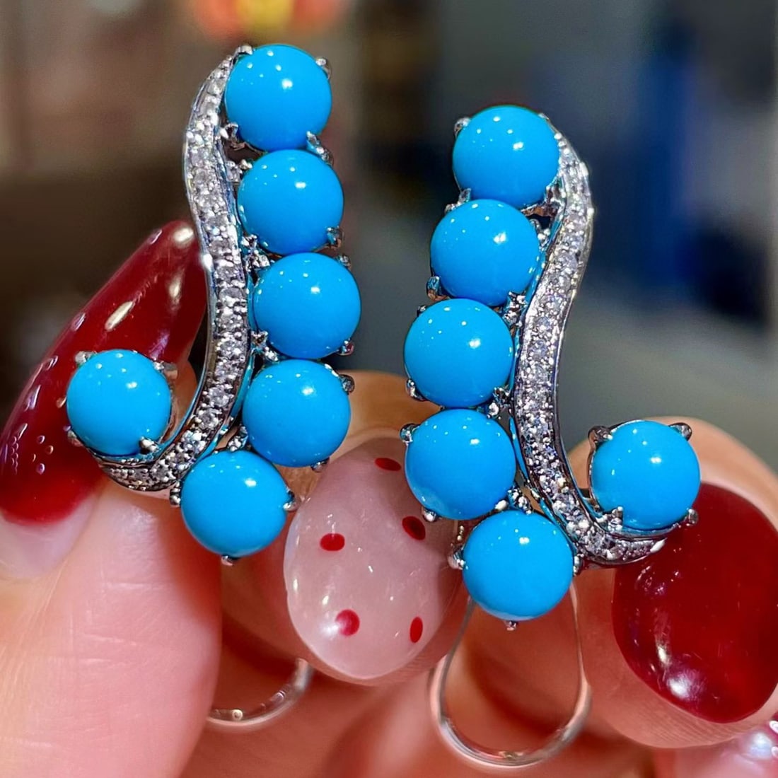 14k Gold 6.34 Ctw Natural Blue Turquoise & Diamond Earrings: Ref:231143258 // gold content:14k gold // main gemstone:blue turquoise // shape:round // carat weight:6. 16ct // color:blue // treatment:natural // cut grade:g // // adjacent gemstone 2 : diamond // s