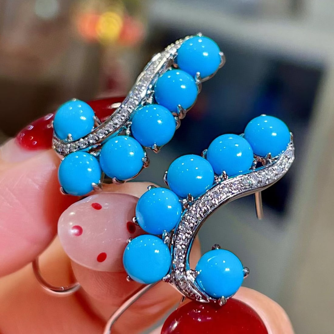 14k Gold 6.34 Ctw Natural Blue Turquoise & Diamond Earrings - 3