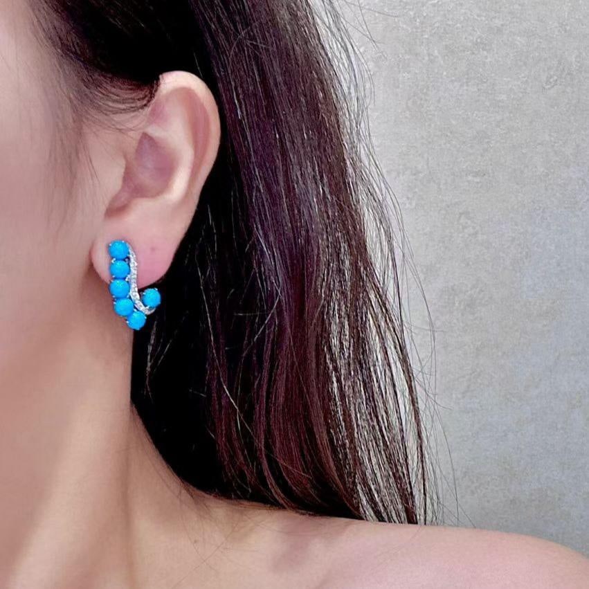 14k Gold 6.34 Ctw Natural Blue Turquoise & Diamond Earrings - 4