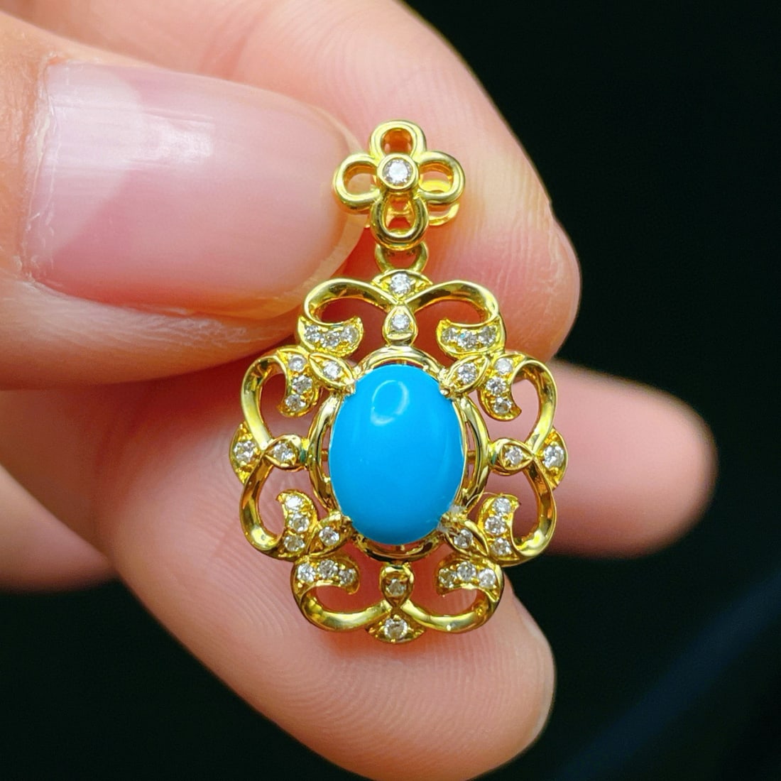 14k Gold 1.04 Ctw Natural Blue Turquoise & Diamond Pendant( Without Chain ) - 2