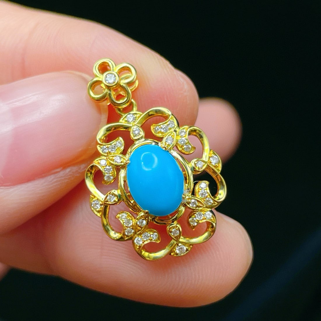 14k Gold 1.04 Ctw Natural Blue Turquoise & Diamond Pendant( Without Chain ) - 3