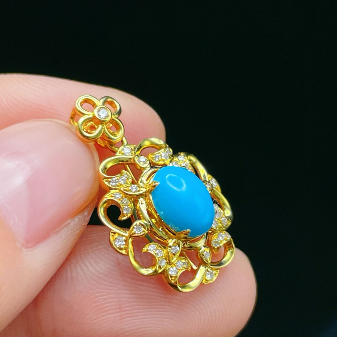 14k Gold 1.04 Ctw Natural Blue Turquoise & Diamond Pendant( Without Chain ) - 5