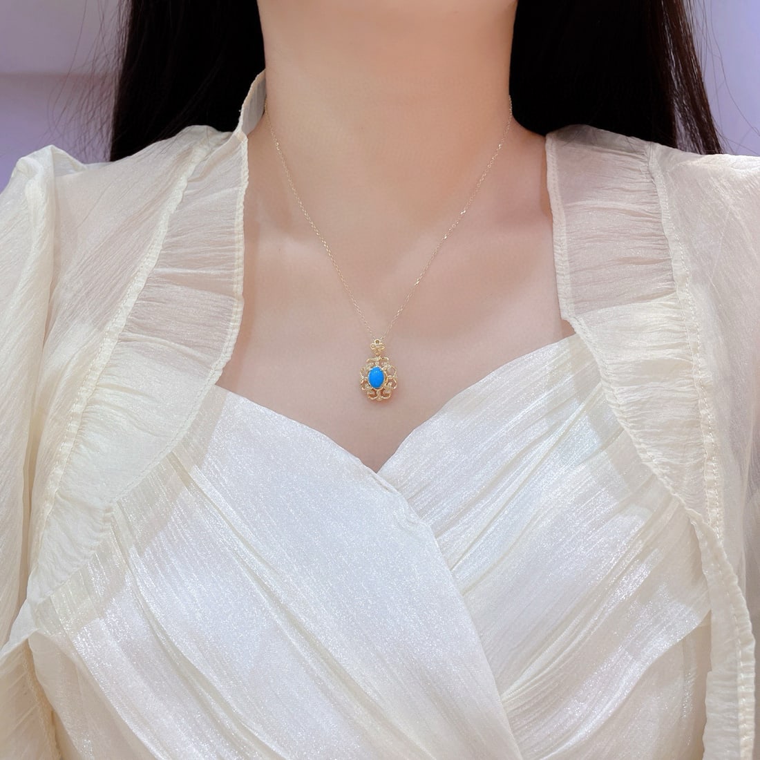 14k Gold 1.04 Ctw Natural Blue Turquoise & Diamond Pendant( Without Chain ) - 7