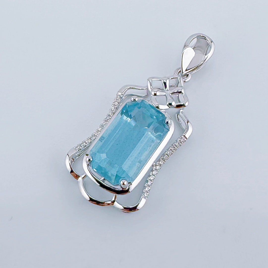 14k Gold 3.19 Ctw Natural Aquamarine & Diamond Pendant( Without Chain ) - 2