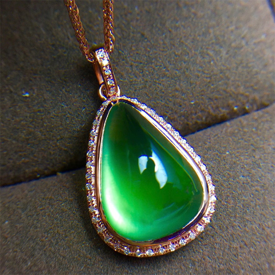 14k Gold 9.6 Ct Natural Prehnite & Diamond Pendant( Without Chain ) - 2