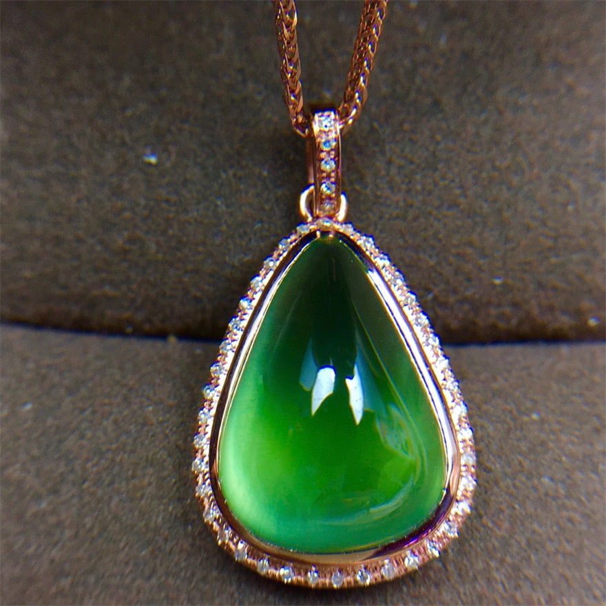 14k Gold 9.6 Ct Natural Prehnite & Diamond Pendant( Without Chain ) - 4