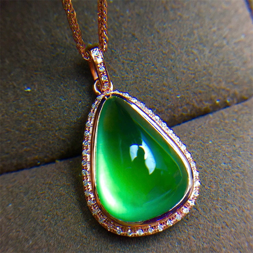 14k Gold 9.6 Ct Natural Prehnite & Diamond Pendant( Without Chain ) - 5