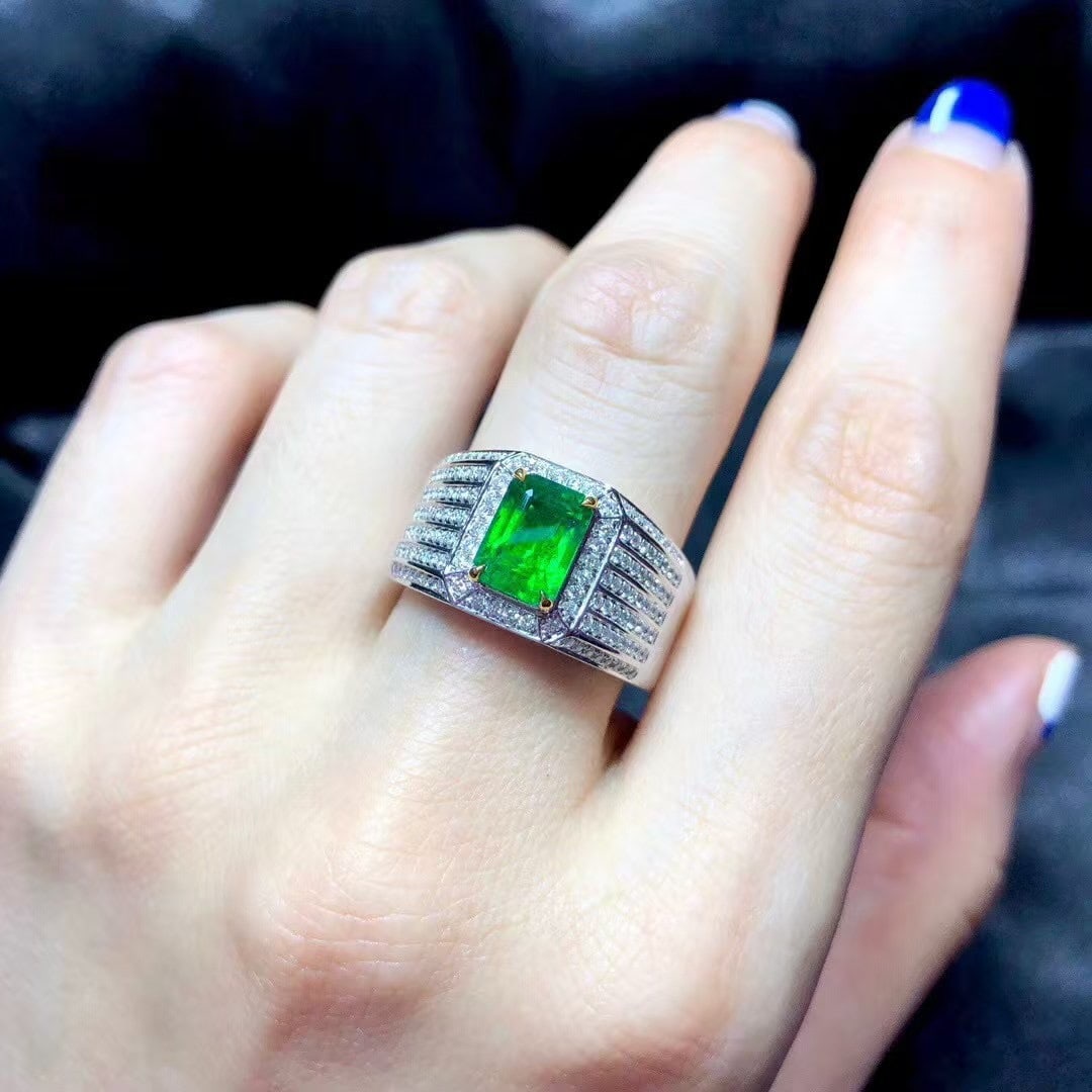 14k Gold 1.83 Ctw Natural Emerald & Diamond & Men¡¯s Ring - 6