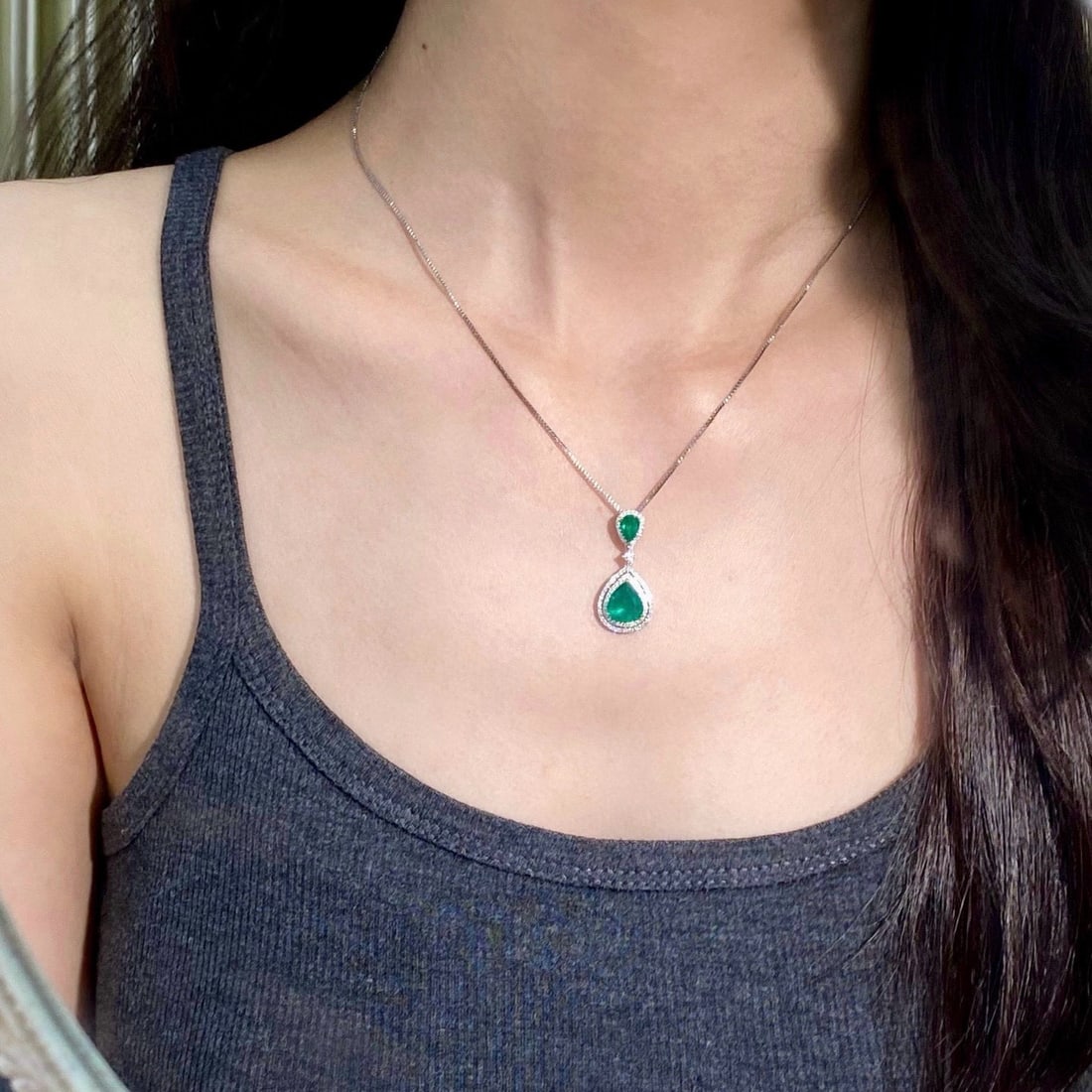 14k Gold 2.74 Ctw Natural Emerald & Diamond Pendant( Without Chain ) - 8