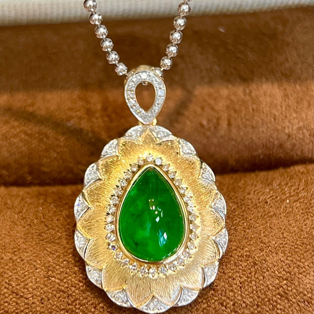 14k Gold 2.98 Ctw Natural Emerald & Diamond Pendant( Without Chain ) - 2